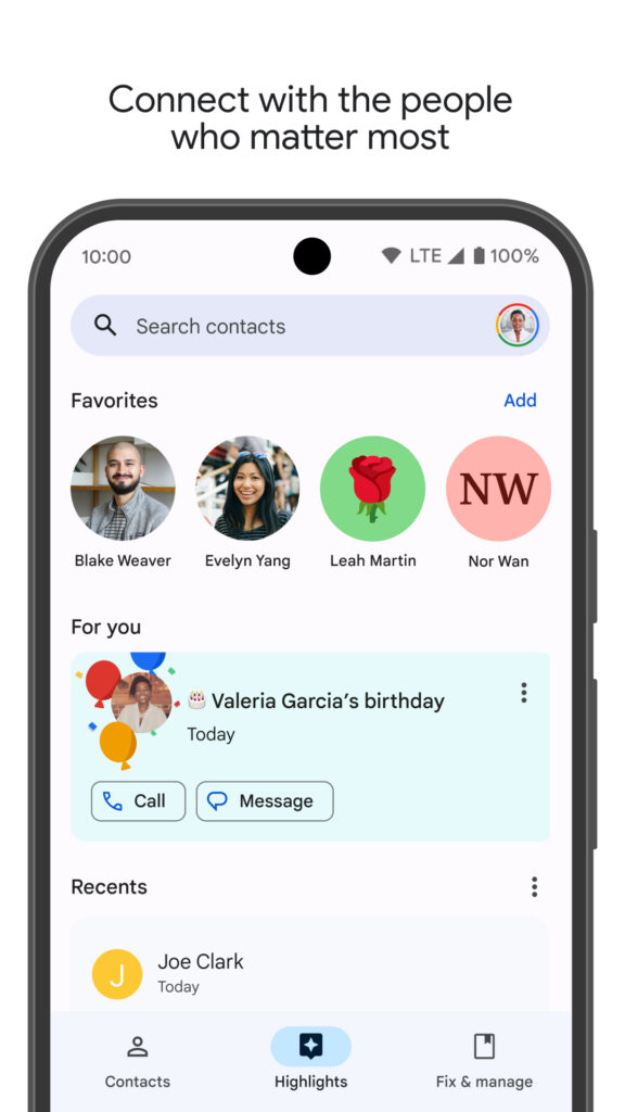 A picture of the Google Contacts screen, showing Favourites and an upcoming Birthday — all features that a Google account exclusively provides. 